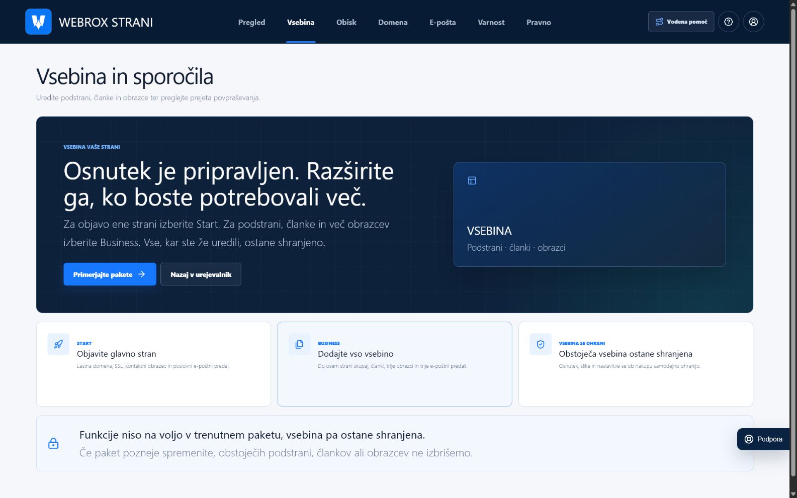 Dejanski pogled sistema Webrox Strani: Spletna stran za podjetje